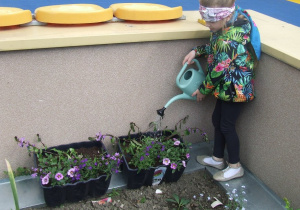 Dziewczynka podlewa kwiaty.