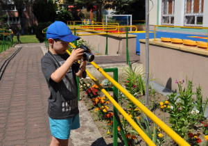 Chłopiec robi zdjęcie roślinom.