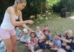 Nauczycielka pokazuje dzieciom kwiaty z łąki.
