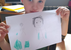 Dziecko pokazuje narysowanych członków rodziny.