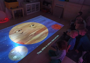 Dzieci oglądają teledysk do piosenki "W Układzie Słonecznym".