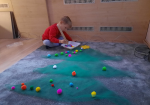 Chłopiec używając pensety derwnianej ozdabia pomponami choinkę ułożoną na dywanie.