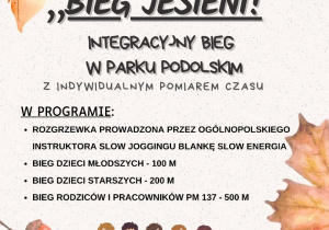 Plakat wydarzenia: 7 października 2025, godz. 10:30 Bieg Jesieni! Integracyjny bieg w Parku Podolskim. Program biegu.